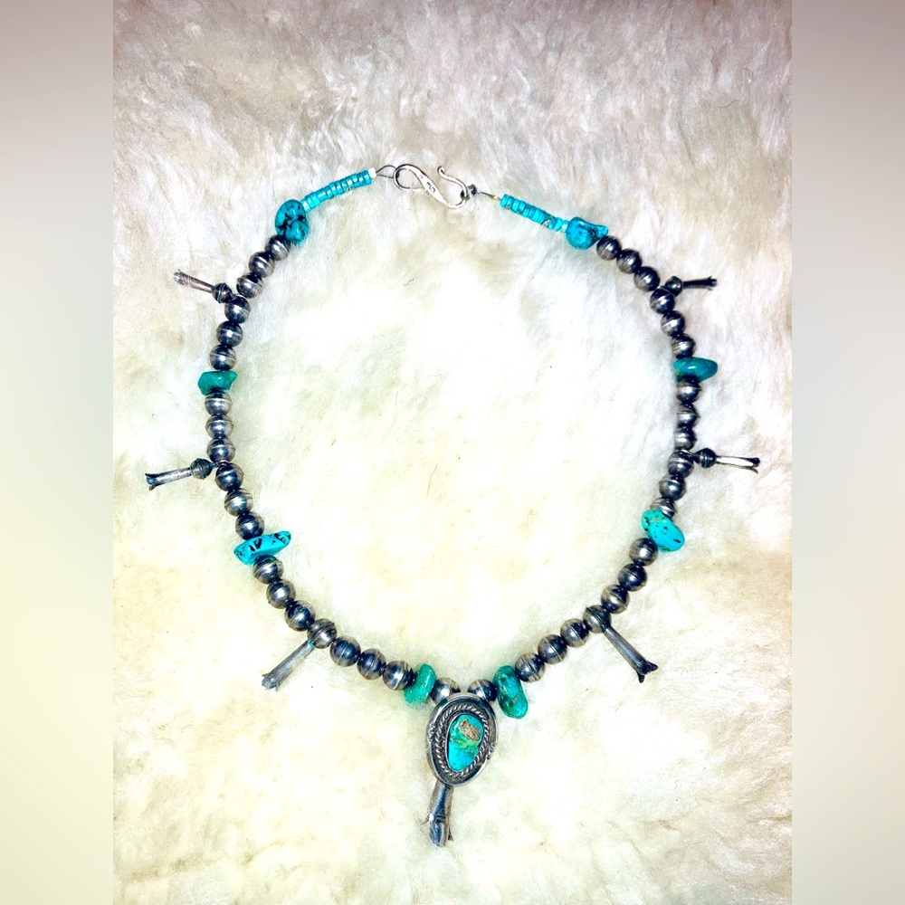 Vintage Sterling Silver Turquoise squash blossom necklace.